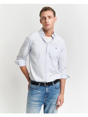 Gant Erkek Mavi Regular Fit Düğmeli Yaka Çizgili Poplin Gömlek