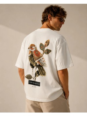 Can Moda Canmoda Unisex Beyaz Etnik Kuş Desenli Oversize Tişört