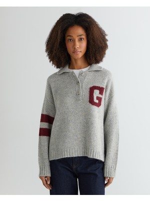 Gant Kadın Gri Oversize Fit Gömlek Yaka Logolu Kazak