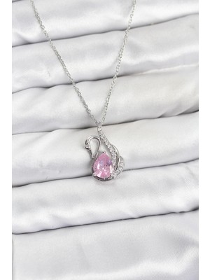 Burada Bulabilirsin 316L Çelik Zincir Gümüş Renk Pembe Kuğu Model Zirkon Taşlı Kadın Kolye