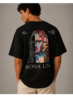 Can Moda Canmoda Siyah Mona Lisa Baskılı Oversize Sırt Baskılı %100 Pamuk Tişört