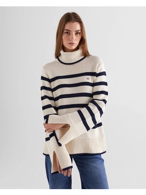 Gant Kadın Krem Oversize Fit Boğazlı Yaka Çizgili Kazak