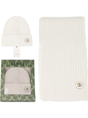 Gucci Beyaz/ekru Örgü Atkı & Bere Seti