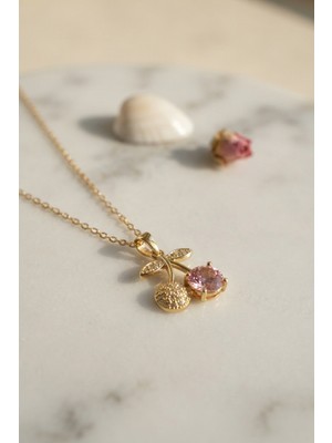 Burada Bulabilirsin 316L Çelik Zincir Gold Renk Pembe Kiraz Model Kolye