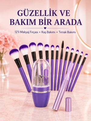 sbodurhome Kadın Makyaj ve Kişisel Bakım Seti 12’li Mor Makyaj Fırçası Kaş Düzeltici ve Manikür Tır