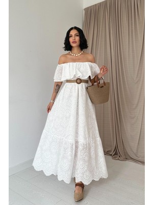Maxi Modena Beyaz  Madonna Yaka Fisto Elbise - Beyaz