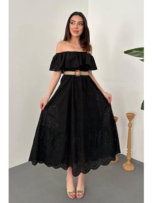 Maxi Modena Siyah  Madonna Yaka Fisto Elbise - Siyah