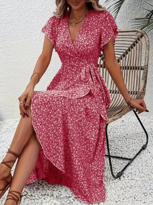 Moda Loris Kadın Kısa Kollu Kruvaze Yakalı Desenli Süprem Elbise