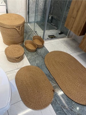 Namteks 60X100-40X60 2 Adet Paspas 45X40 cm Kirli Sepeti, 25X15 cm Makyaj 2 Adet Oval Sepetli Banyo Takımı