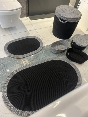 Namteks 60X100-40X60 2 Adet Paspas 45X40 cm Kirli Sepeti, 25X15 cm Makyaj 2 Adet Oval Sepetli Banyo Takımı