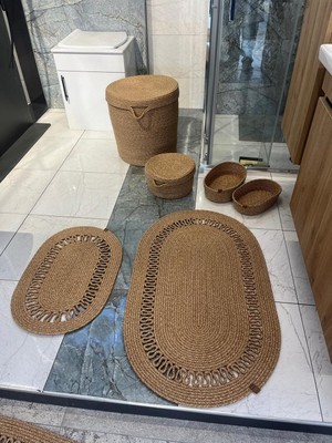 Namteks 60X100-40X60 2 Adet Paspas 45X40 cm Kirli Sepeti, 25X15 cm Makyaj 2 Adet Oval Sepetli Banyo Takımı