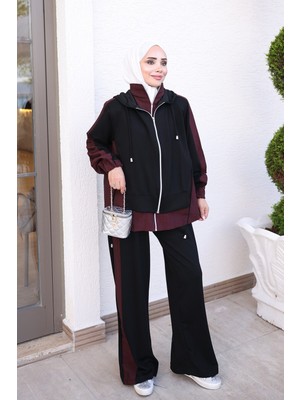 İmaj Butik Siyah Çift Fermuarlı Cupra Garnili Tunik Pantolonlu Oys Takım