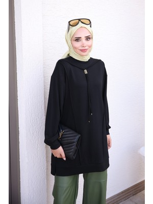 İmaj Butik Siyah Önü Çımalı Kol Lastikli Tunik