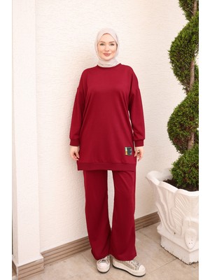 İmaj Butik Bordo Bisiklet Yaka Armalı Tunik Pantolonlu Takım