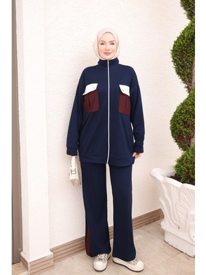 İmaj Butik Lacivert Fermuarlı Cepli Cupra Garnili Tunik Pantolonlu Oys Takım