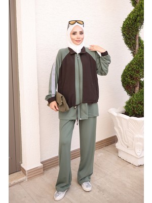 İmaj Butik Haki Fermuarlı Şeritli Tunik Pantolonlu Takım