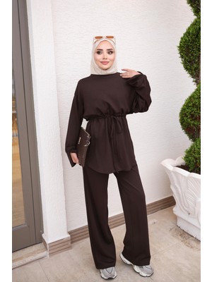 İmaj Butik Kahverengi Bel Bağlamalı Tunik Pantolonlu Takım