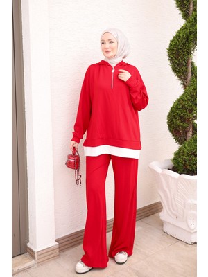 İmaj Butik Kırmızı Yaka Fermuarlı Kapüşonlu Tunik Pantolonlu Takım