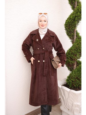 İmaj Butik Kahverengi Kruvaze Yaka Astarlı Kaşe Kaban