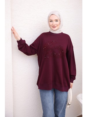 İmaj Butik Mürdüm Boncuk Işlemeli Iki Iplik Sweatshirt