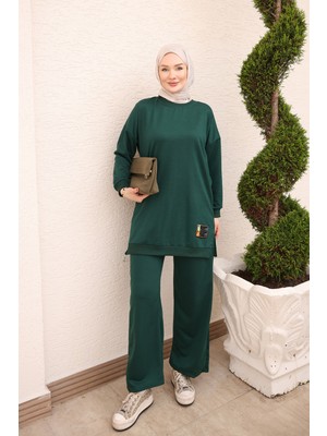 İmaj Butik Zümrüt Yeşili Bisiklet Yaka Armalı Tunik Pantolonlu Takım