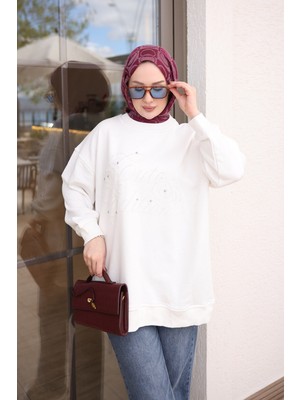 İmaj Butik Ekru Boncuk Işlemeli Iki Iplik Sweatshirt