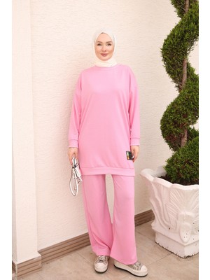 İmaj Butik Pembe Bisiklet Yaka Armalı Tunik Pantolonlu Takım