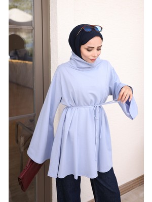 İmaj Butik Mavi Bel Bağlamalı Dik Yaka Tunik