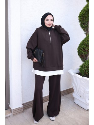İmaj Butik Kahverengi Yaka Fermuarlı Kapüşonlu Tunik Pantolonlu Takım