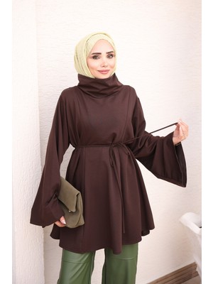 İmaj Butik Kahverengi Bel Bağlamalı Dik Yaka Tunik