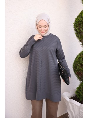 İmaj Butik Füme Kolu Taş Detaylı Soğuk Iplik Triko Tunik