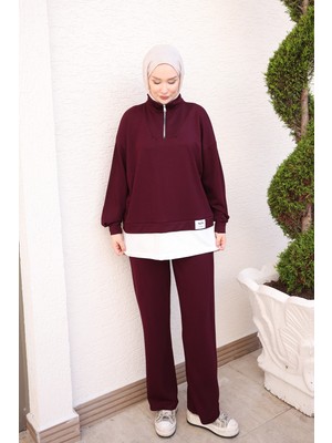 İmaj Butik Mürdüm Yaka Fermuarlı Tunik Pantolonlu Takım