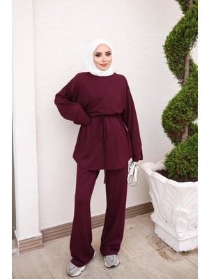 İmaj Butik Mürdüm Bel Bağlamalı Tunik Pantolonlu Takım