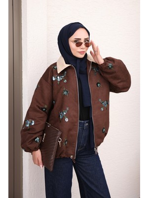 İmaj Butik Kahverengi Pul Işlemeli Fermuarlı Kol ve Bel Lastikli Ceket