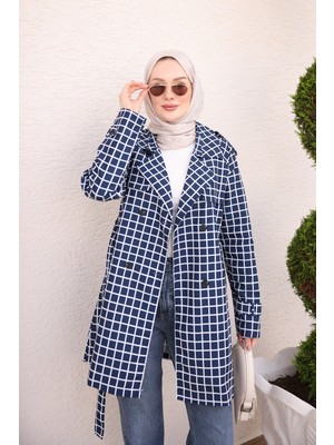 İmaj Butik Lacivert Kruvaze Yaka Astarlı Kareli Trençkot