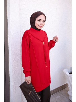 İmaj Butik Kırmızı Önü Çımalı Kol Lastikli Tunik