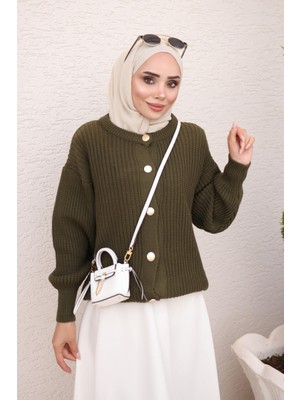 İmaj Butik Haki Selanik Örgü Düğmeli Triko Hırka