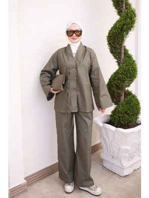 İmaj Butik Haki Bağcık Detaylı Tunik Pantolonlu Takım