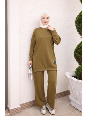 İmaj Butik Yağ Yeşili Bisiklet Yaka Armalı Tunik Pantolonlu Takım