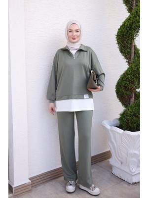 İmaj Butik Haki Yaka Fermuarlı Tunik Pantolonlu Takım
