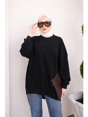 İmaj Butik Siyah Boncuk Işlemeli Iki Iplik Sweatshirt