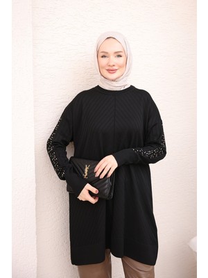 İmaj Butik Siyah Kolu Taş Detaylı Soğuk Iplik Triko Tunik