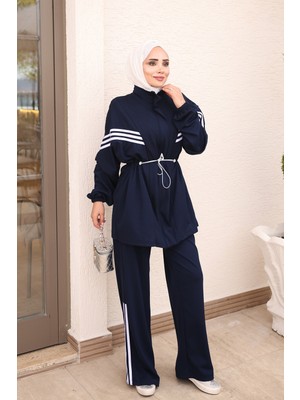 İmaj Butik Lacivert Gizli Fermuarlı Şeritli Tunik Pantolonlu Modal Takım