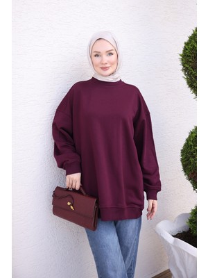 İmaj Butik Mürdüm Bisiklet Yaka Oversize Basic Sweatshirt