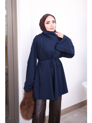 İmaj Butik Lacivert Bel Bağlamalı Dik Yaka Tunik