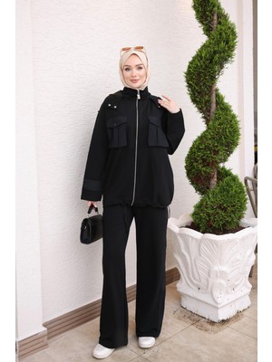 İmaj Butik Siyah Kapüşonlu Garnili Tunik Pantolonlu Takım