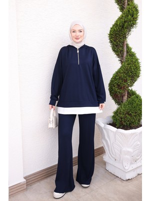 İmaj Butik Lacivert Yaka Fermuarlı Kapüşonlu Tunik Pantolonlu Takım