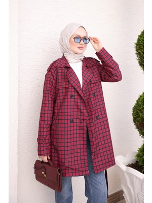 İmaj Butik Bordo Kruvaze Yaka Astarlı Kareli Trençkot