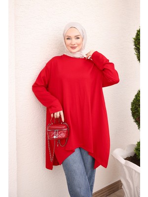 İmaj Butik Kırmızı Asimetrik Kesim Oys Salaş Tunik