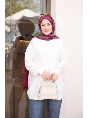 İmaj Butik Ekru Bisiklet Yaka Oversize Basic Sweatshirt